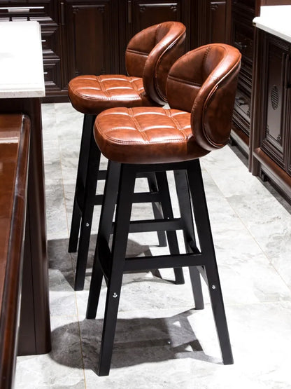 Exquisite Timber Bar Stool with Classic Luxury Leather Seating - Grandeur Prestige